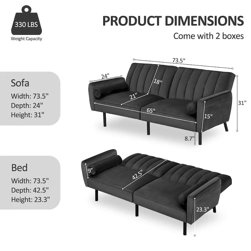 Samt-Futonsofabett, umwandelbares Schlafsofa mit verstellbarer Rückenlehne, Tagesbett Gästebett für Wohnzimmer – 2-Personen