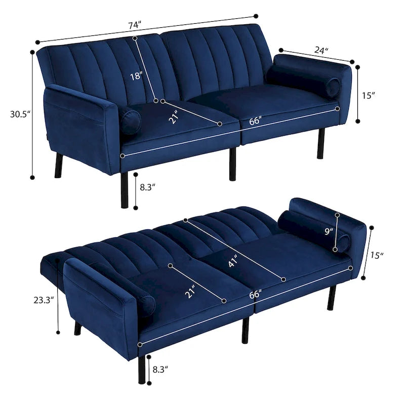 Samt-Futonsofabett, umwandelbares Schlafsofa mit verstellbarer Rückenlehne, Tagesbett Gästebett für Wohnzimmer – 2-Personen