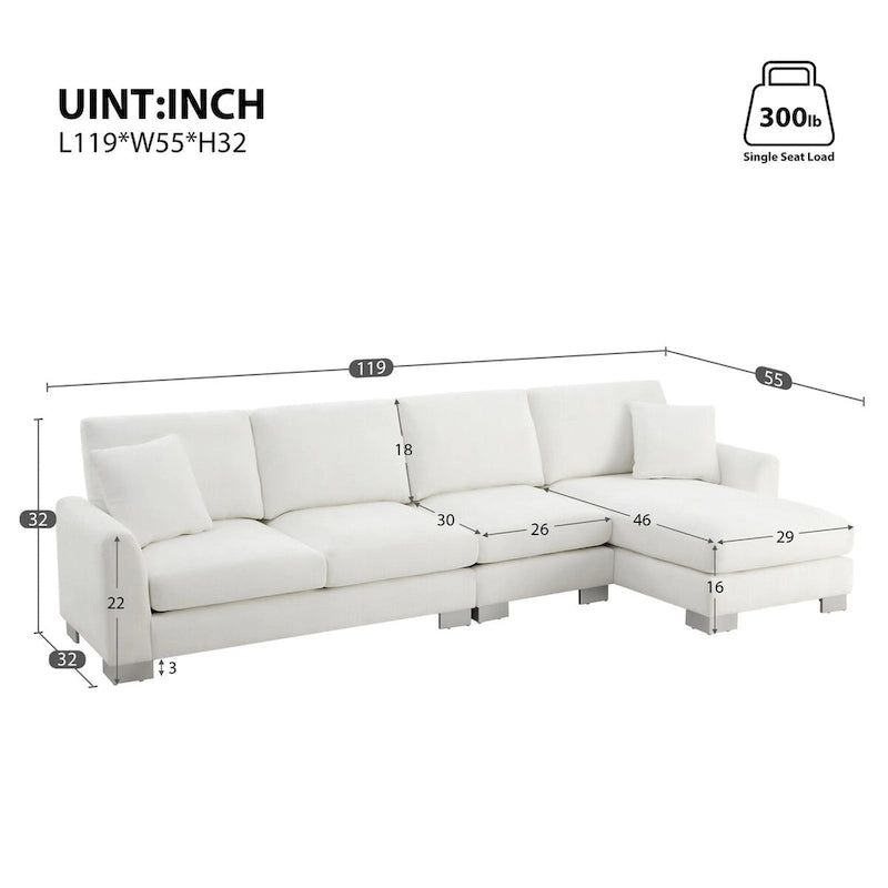119*55 Übergroßes Sektionalsofa, Luxuriöses L-förmiges Sofa-Set mit 2 kostenlosen Kissen, 5-Sitzer Chenille-Innenmöbel mit Chaiselongue