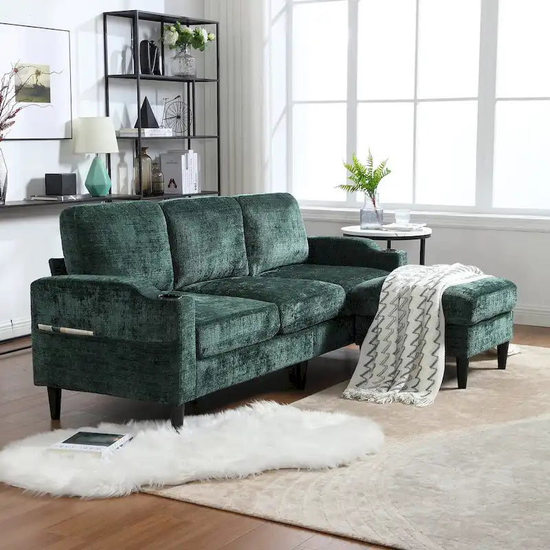 HOMEFUN Chenille gepolstertes L-förmiges Wohnzimmersofa mit Stauraum-Ottomane