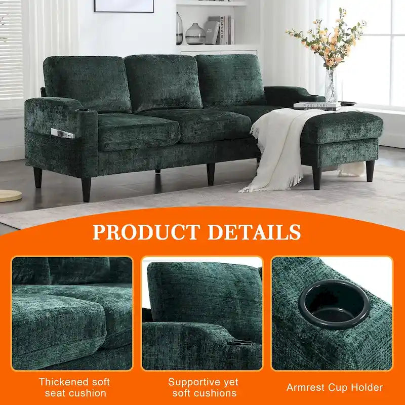 HOMEFUN Chenille gepolstertes L-förmiges Wohnzimmersofa mit Stauraum-Ottomane