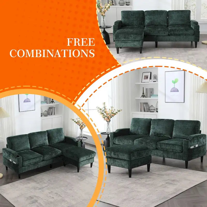 HOMEFUN Chenille gepolstertes L-förmiges Wohnzimmersofa mit Stauraum-Ottomane