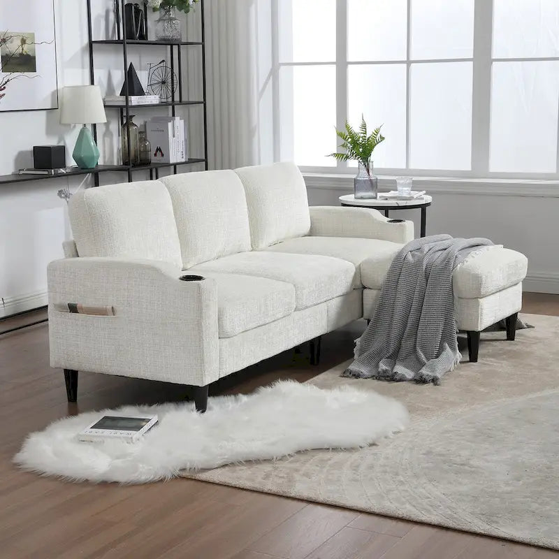HOMEFUN Chenille gepolstertes L-förmiges Wohnzimmersofa mit Stauraum-Ottomane