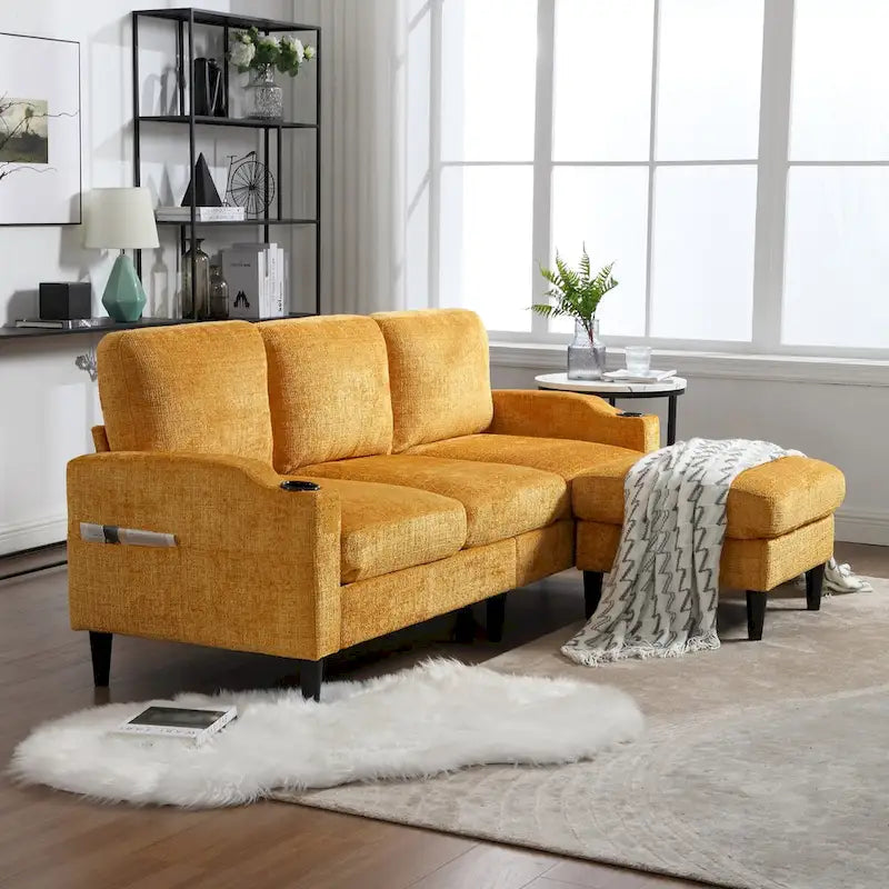 HOMEFUN Chenille gepolstertes L-förmiges Wohnzimmersofa mit Stauraum-Ottomane