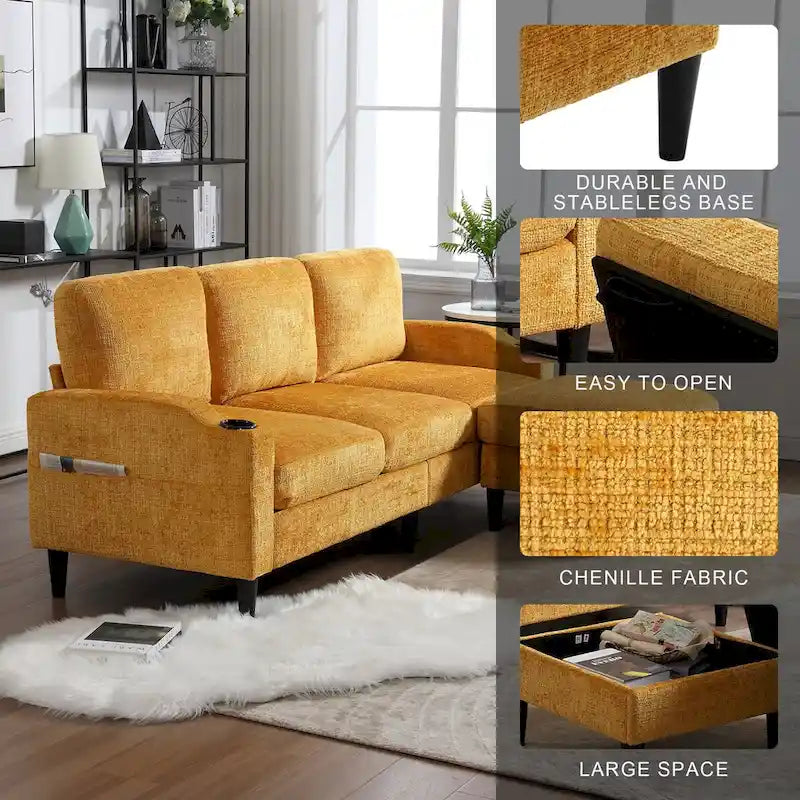 HOMEFUN Chenille gepolstertes L-förmiges Wohnzimmersofa mit Stauraum-Ottomane