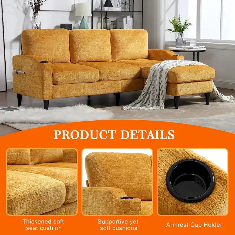 HOMEFUN Chenille gepolstertes L-förmiges Wohnzimmersofa mit Stauraum-Ottomane