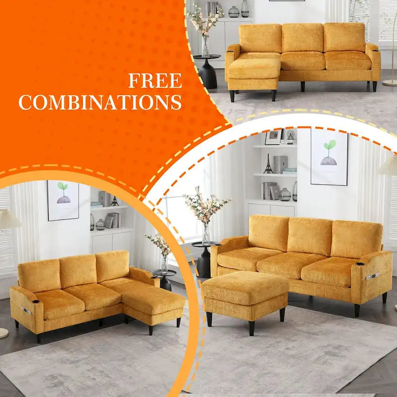 HOMEFUN Chenille gepolstertes L-förmiges Wohnzimmersofa mit Stauraum-Ottomane