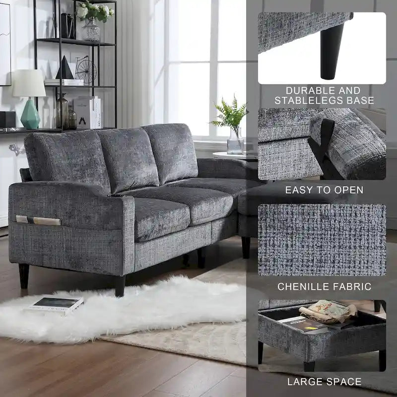 HOMEFUN Chenille gepolstertes L-förmiges Wohnzimmersofa mit Stauraum-Ottomane