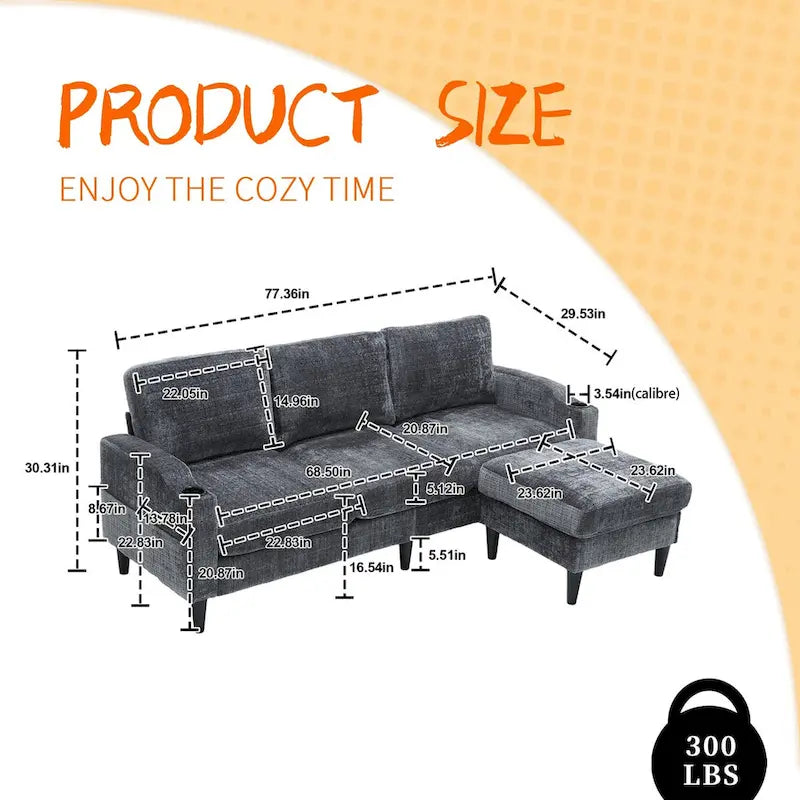 HOMEFUN Chenille gepolstertes L-förmiges Wohnzimmersofa mit Stauraum-Ottomane