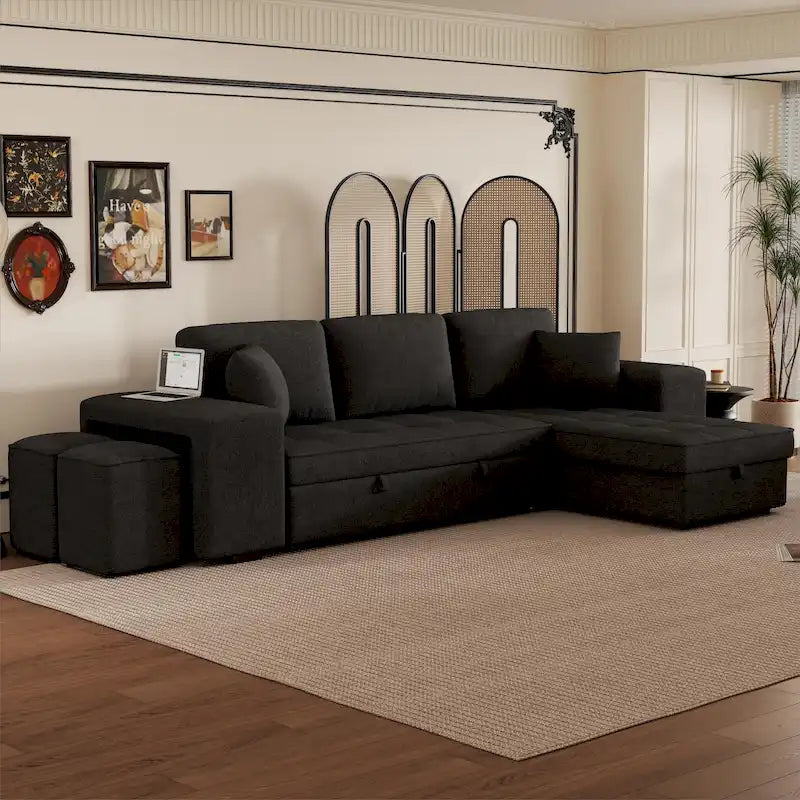 104 Moderne L-förmige 3-Sitzer-Schlafcouch mit Stauraum und 2 Hockern