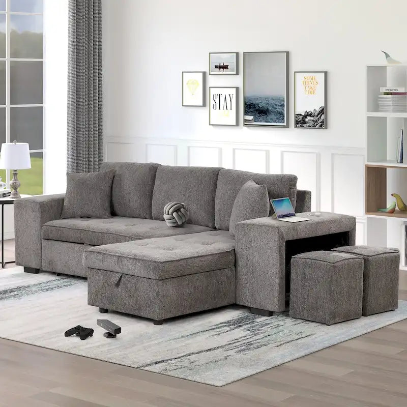 104 Moderne L-förmige 3-Sitzer-Schlafcouch mit Stauraum und 2 Hockern