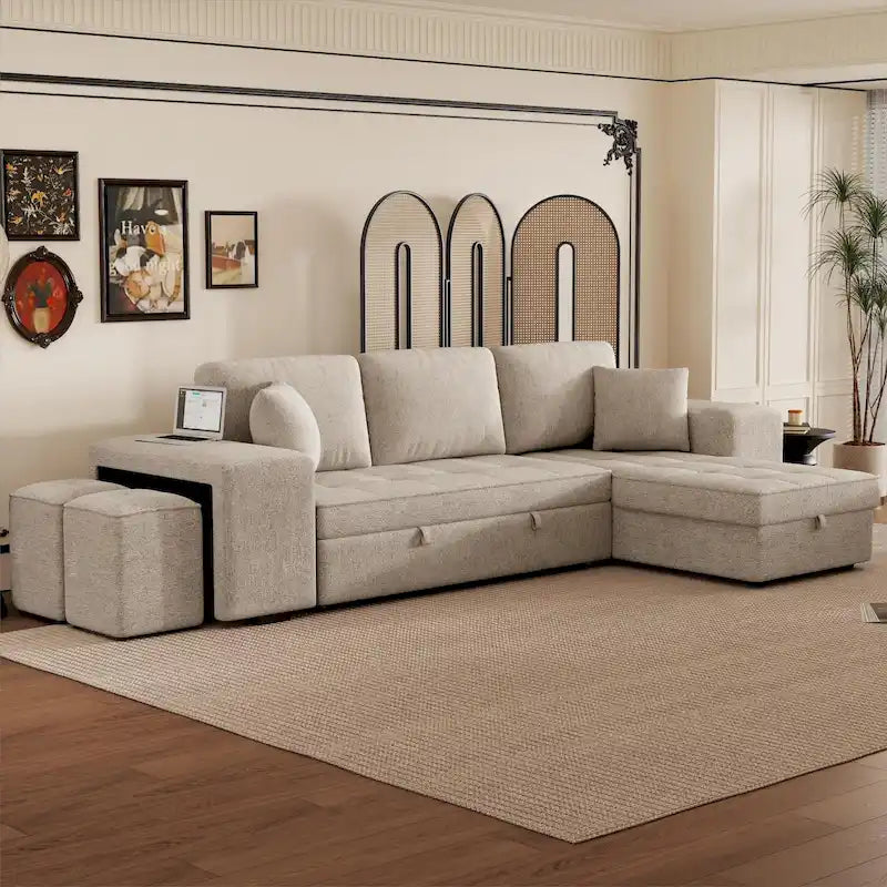 104 Moderne L-förmige 3-Sitzer-Schlafcouch mit Stauraum und 2 Hockern