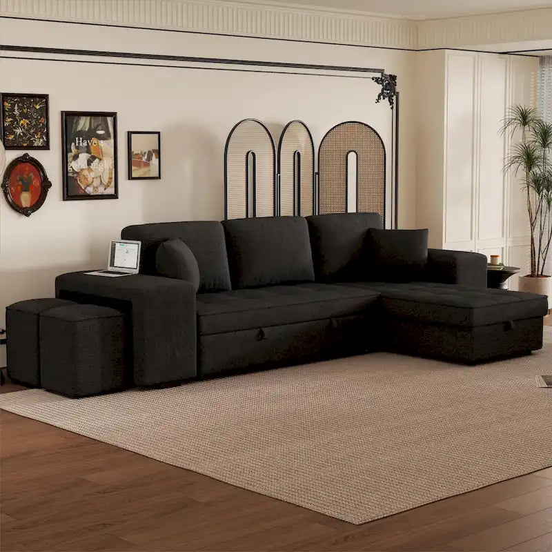 104 Moderne L-förmige 3-Sitzer-Schlafcouch mit Stauraum und 2 Hockern