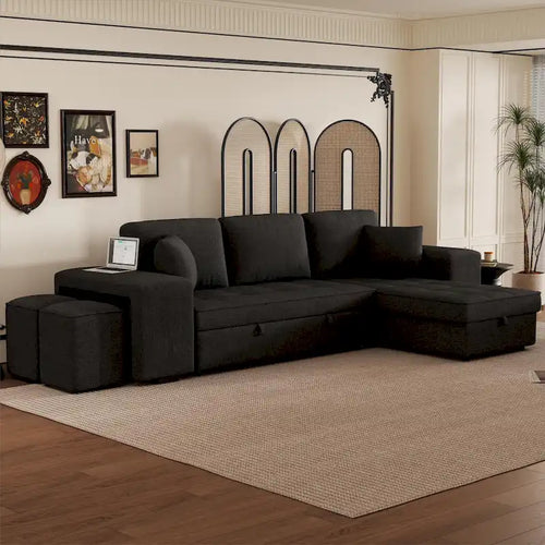 104 Moderne L-förmige 3-Sitzer-Schlafcouch mit Stauraum und 2 Hockern
