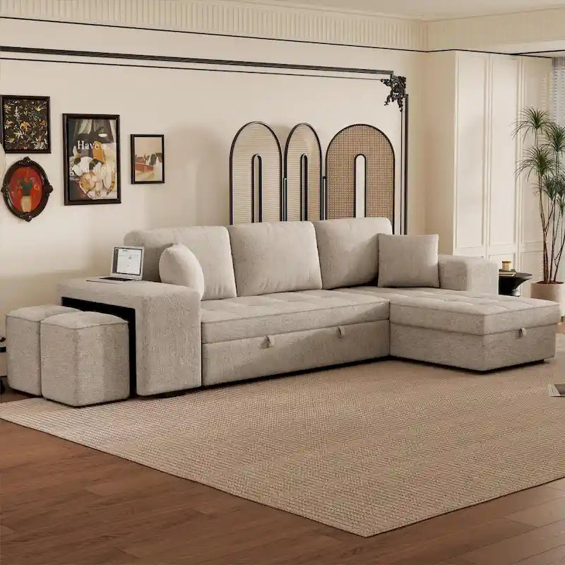 104 Moderne L-förmige 3-Sitzer-Schlafcouch mit Stauraum und 2 Hockern