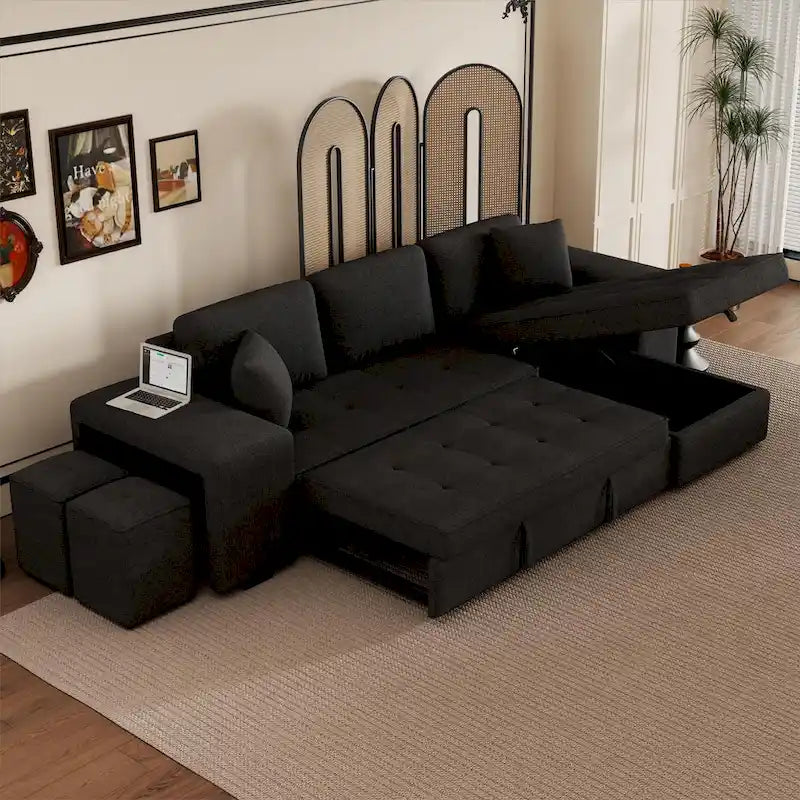 104 Moderne L-förmige 3-Sitzer-Schlafcouch mit Stauraum und 2 Hockern
