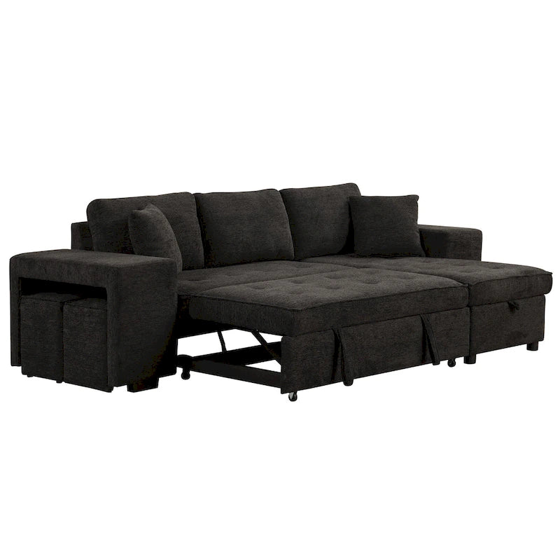 104 Moderne L-förmige 3-Sitzer-Schlafcouch mit Stauraum und 2 Hockern