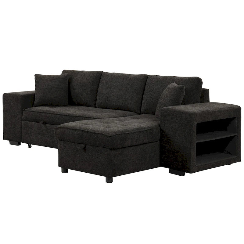 104 Moderne L-förmige 3-Sitzer-Schlafcouch mit Stauraum und 2 Hockern