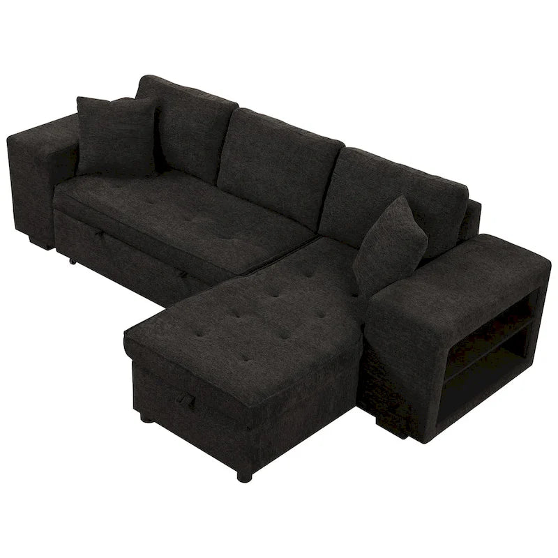 104 Moderne L-förmige 3-Sitzer-Schlafcouch mit Stauraum und 2 Hockern