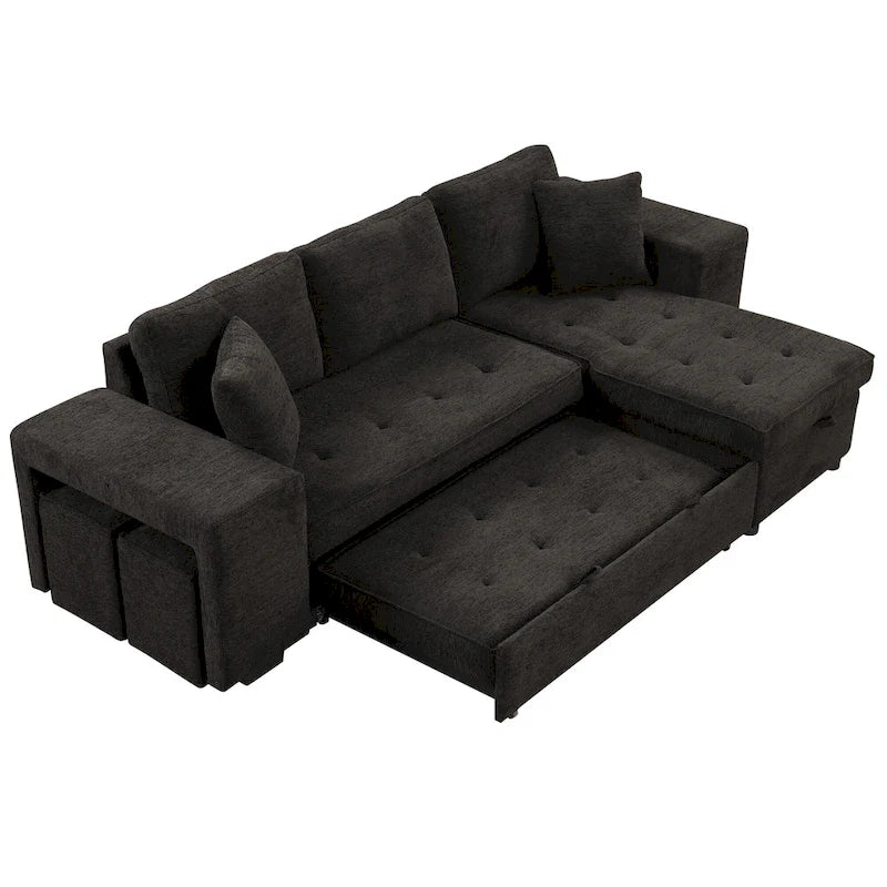 104 Moderne L-förmige 3-Sitzer-Schlafcouch mit Stauraum und 2 Hockern
