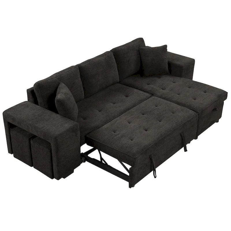 104 Moderne L-förmige 3-Sitzer-Schlafcouch mit Stauraum und 2 Hockern