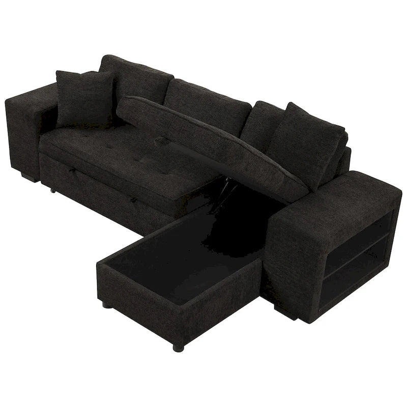 104 Moderne L-förmige 3-Sitzer-Schlafcouch mit Stauraum und 2 Hockern