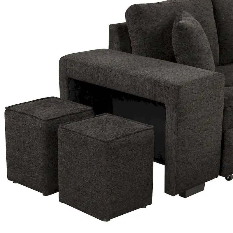104 Moderne L-förmige 3-Sitzer-Schlafcouch mit Stauraum und 2 Hockern