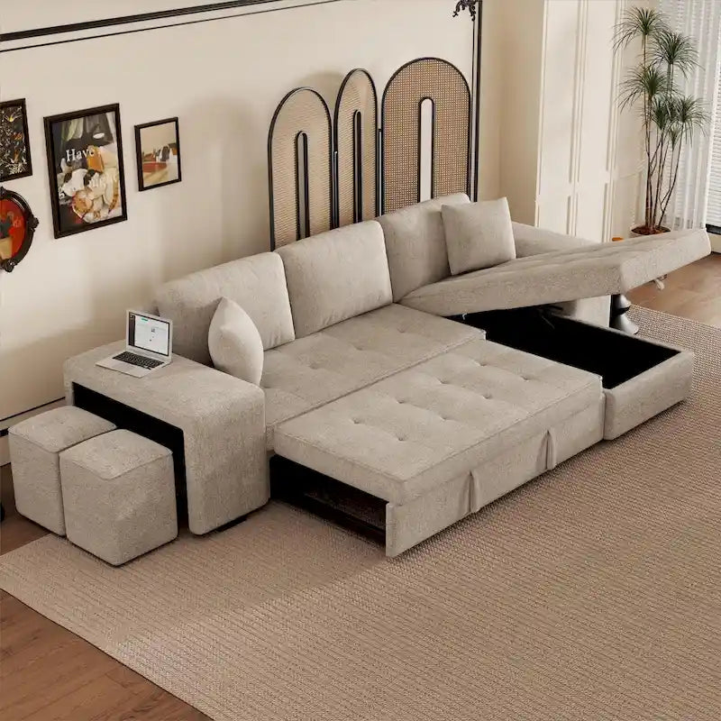 104 Moderne L-förmige 3-Sitzer-Schlafcouch mit Stauraum und 2 Hockern