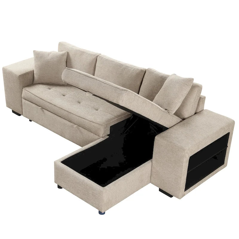 104 Moderne L-förmige 3-Sitzer-Schlafcouch mit Stauraum und 2 Hockern