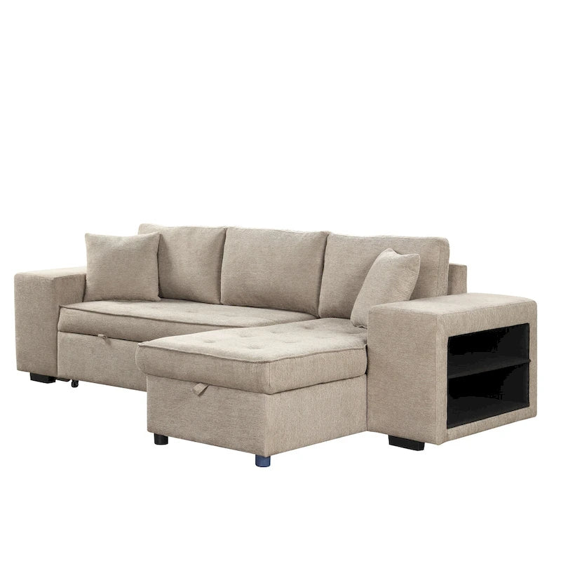 104 Moderne L-förmige 3-Sitzer-Schlafcouch mit Stauraum und 2 Hockern