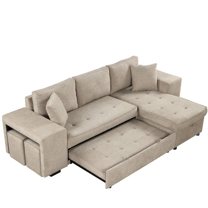 104 Moderne L-förmige 3-Sitzer-Schlafcouch mit Stauraum und 2 Hockern