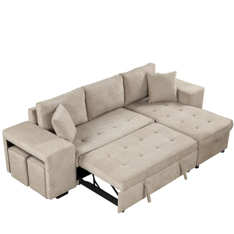 104 Moderne L-förmige 3-Sitzer-Schlafcouch mit Stauraum und 2 Hockern