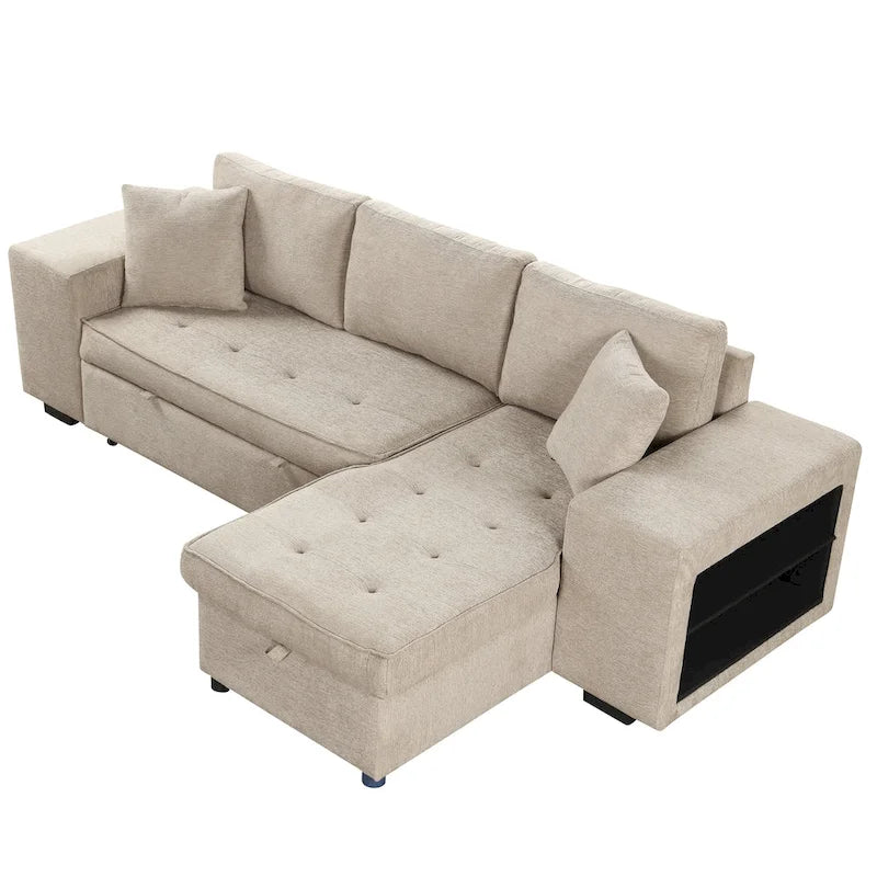 104 Moderne L-förmige 3-Sitzer-Schlafcouch mit Stauraum und 2 Hockern