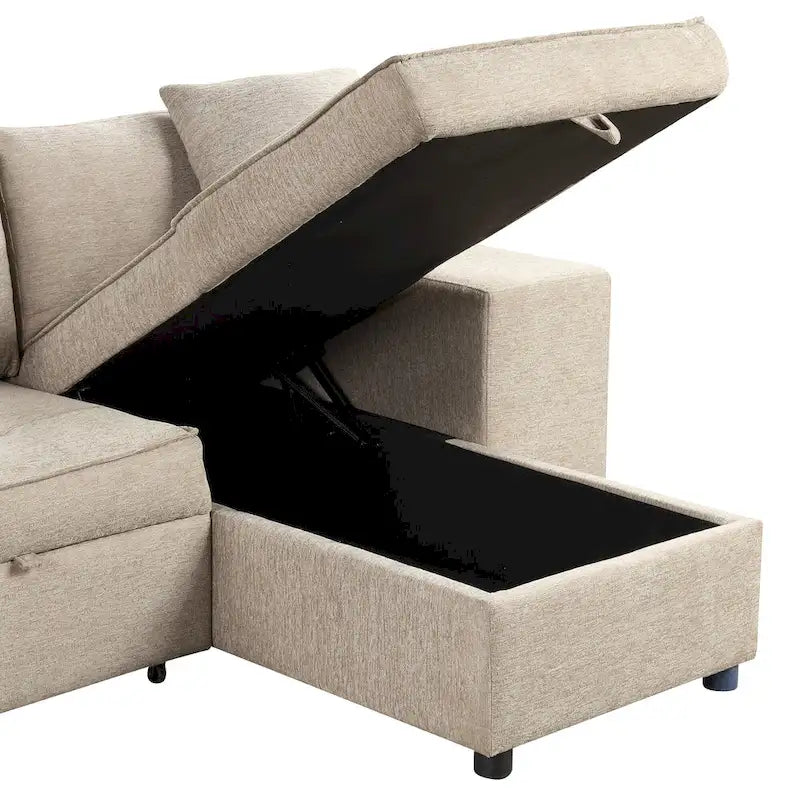 104 Moderne L-förmige 3-Sitzer-Schlafcouch mit Stauraum und 2 Hockern