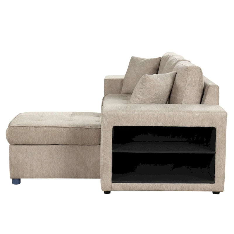 104 Moderne L-förmige 3-Sitzer-Schlafcouch mit Stauraum und 2 Hockern