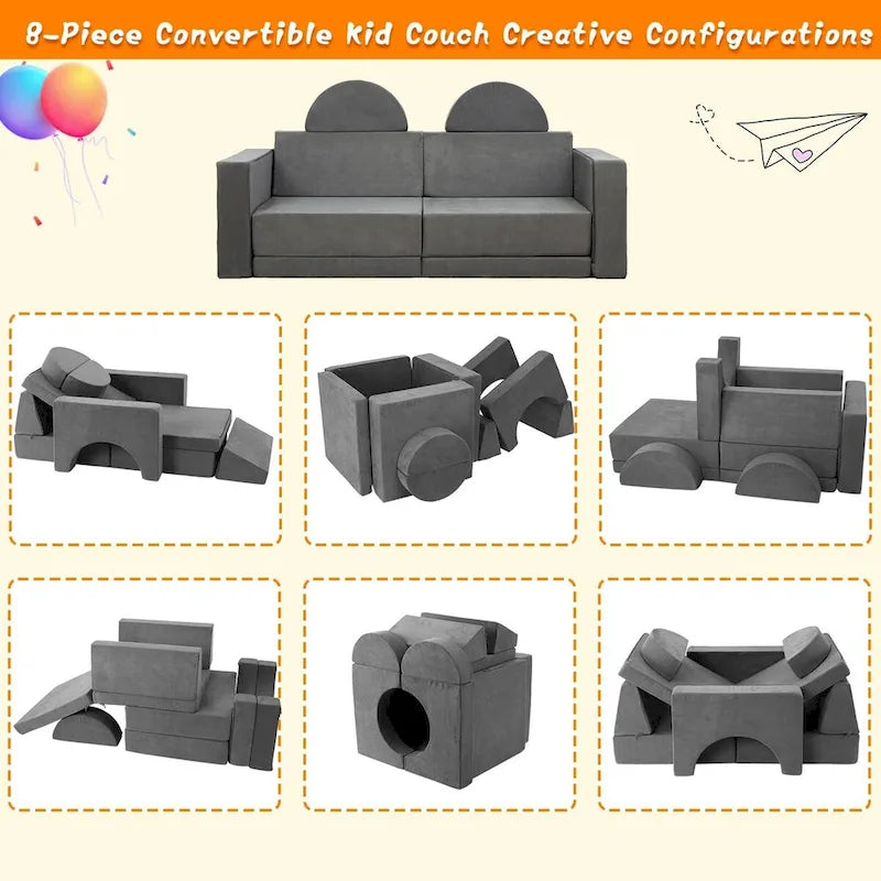 8-teiliges Kinder-Spielsofa, umbaubares Kinderspielzelt, 8-in-1 multifunktionales Sofa