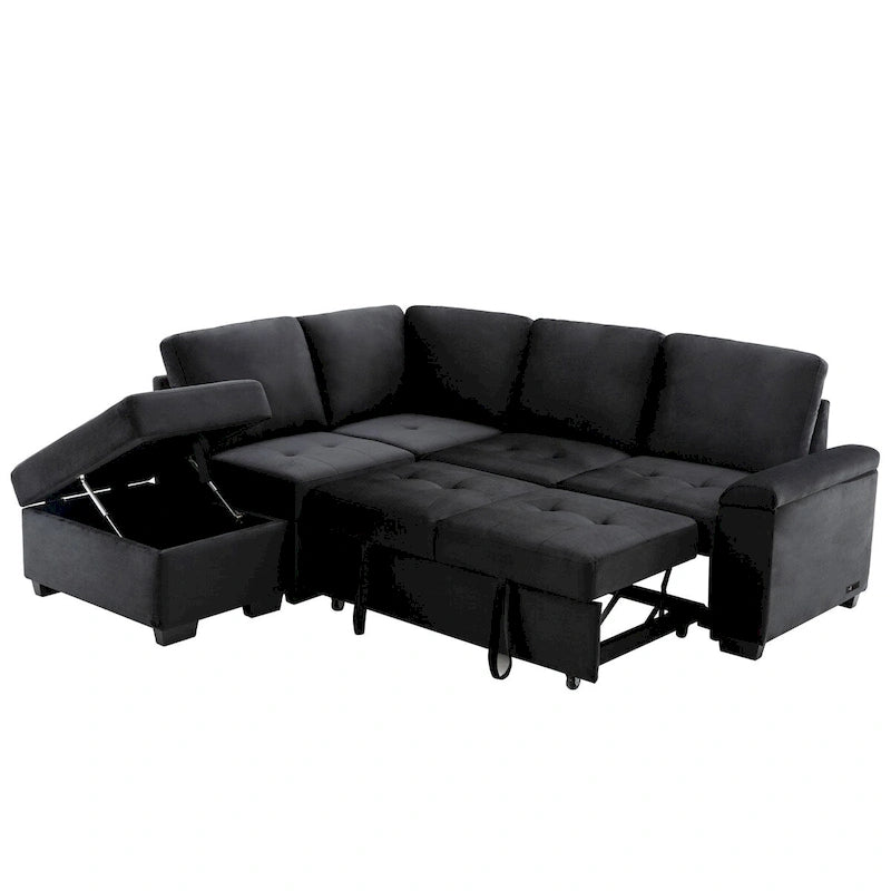 87,4 Zoll schwarzes L-förmiges Schlafsofa mit Stauraum-Ottomane, verstecktem Armlehnfach und USB-Ladeanschluss
