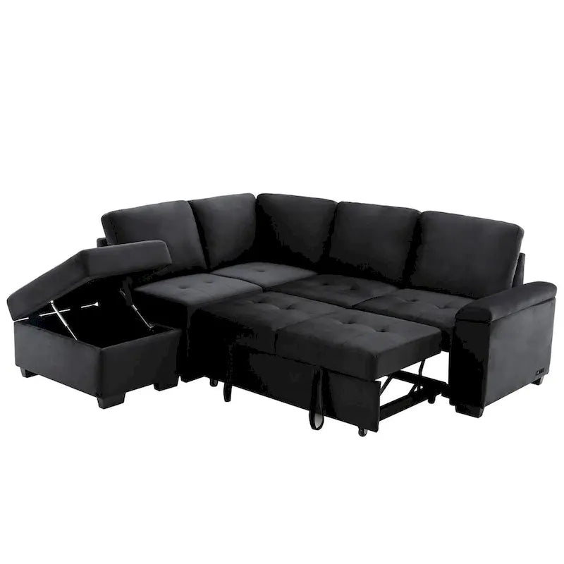87.4-inch Black L-shaped Sleeper Sectional Sofa with Storage Ottoman, Hidden Arm Storage, and USB Charge