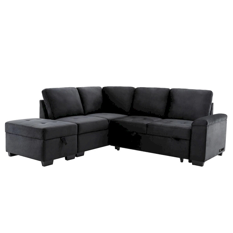 87,4 Zoll schwarzes L-förmiges Schlafsofa mit Stauraum-Ottomane, verstecktem Armlehnfach und USB-Ladeanschluss