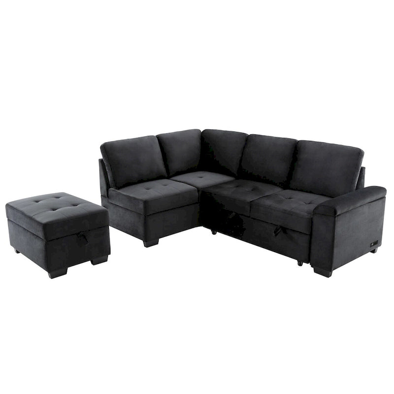 87,4 Zoll schwarzes L-förmiges Schlafsofa mit Stauraum-Ottomane, verstecktem Armlehnfach und USB-Ladeanschluss