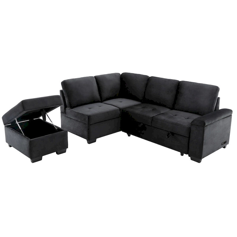 87,4 Zoll schwarzes L-förmiges Schlafsofa mit Stauraum-Ottomane, verstecktem Armlehnfach und USB-Ladeanschluss