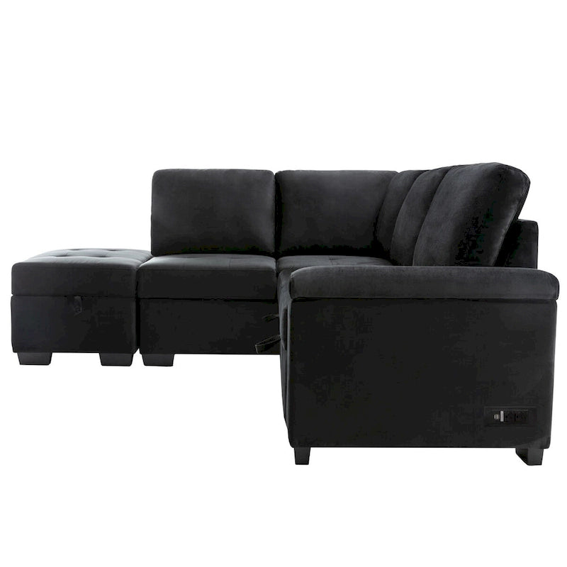 87,4 Zoll schwarzes L-förmiges Schlafsofa mit Stauraum-Ottomane, verstecktem Armlehnfach und USB-Ladeanschluss