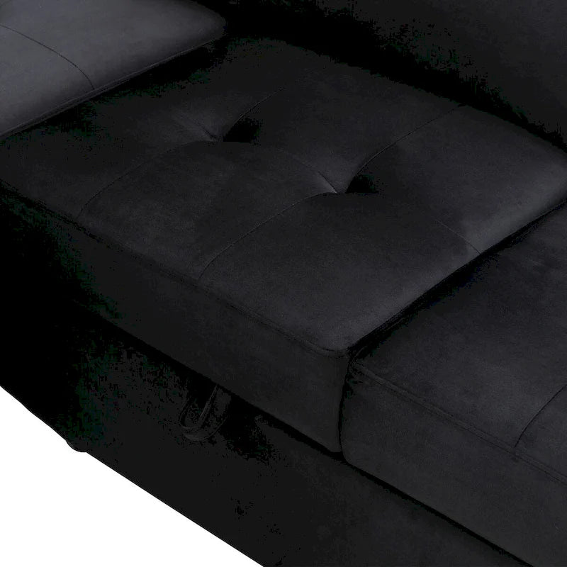 87,4 Zoll schwarzes L-förmiges Schlafsofa mit Stauraum-Ottomane, verstecktem Armlehnfach und USB-Ladeanschluss