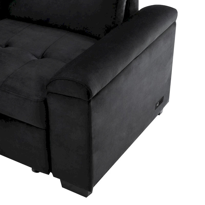 87,4 Zoll schwarzes L-förmiges Schlafsofa mit Stauraum-Ottomane, verstecktem Armlehnfach und USB-Ladeanschluss