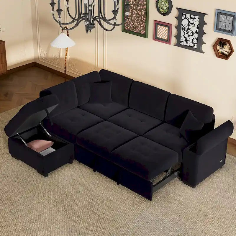 87,4 Zoll schwarzes L-förmiges Schlafsofa mit Stauraum-Ottomane, verstecktem Armlehnfach und USB-Ladeanschluss