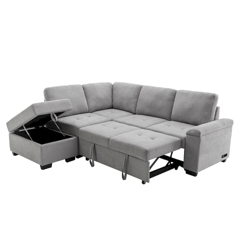 87,4 Zoll schwarzes L-förmiges Schlafsofa mit Stauraum-Ottomane, verstecktem Armlehnfach und USB-Ladeanschluss