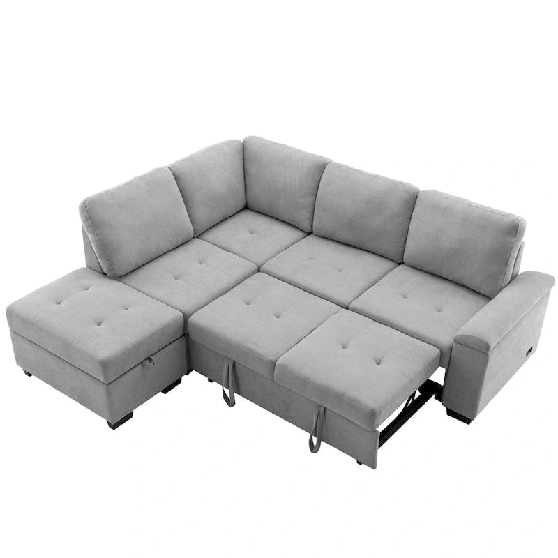 87,4 Zoll schwarzes L-förmiges Schlafsofa mit Stauraum-Ottomane, verstecktem Armlehnfach und USB-Ladeanschluss