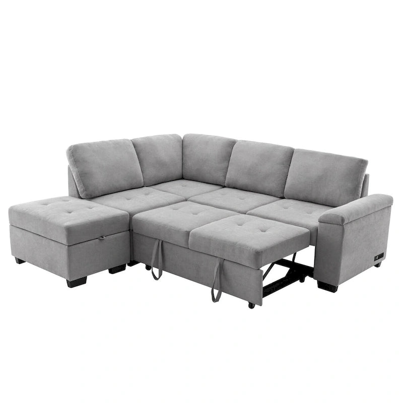 87,4 Zoll schwarzes L-förmiges Schlafsofa mit Stauraum-Ottomane, verstecktem Armlehnfach und USB-Ladeanschluss
