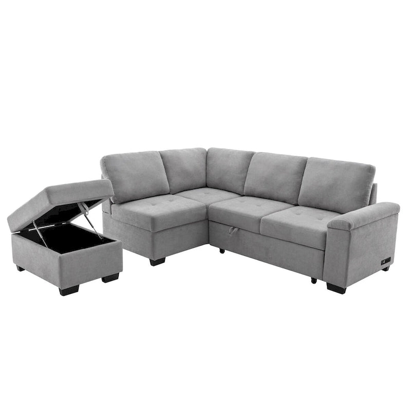87,4 Zoll schwarzes L-förmiges Schlafsofa mit Stauraum-Ottomane, verstecktem Armlehnfach und USB-Ladeanschluss
