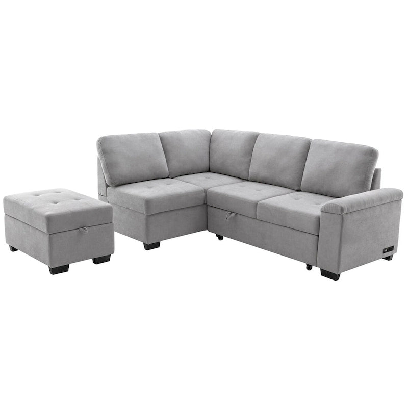 87,4 Zoll schwarzes L-förmiges Schlafsofa mit Stauraum-Ottomane, verstecktem Armlehnfach und USB-Ladeanschluss